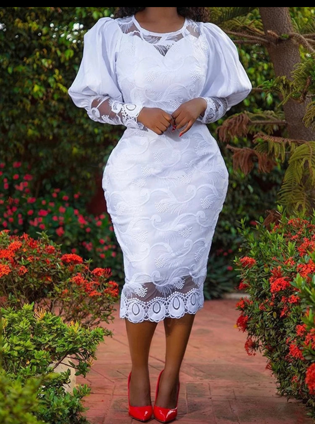 Elegant Women White Puff Sleeve Embroidery Pencil Dress