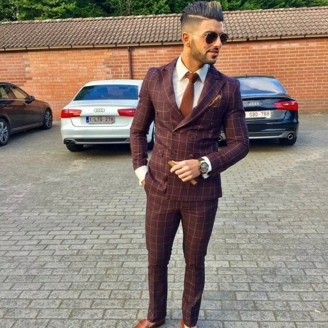 Men Burgundy Plaid Double Breasted suit